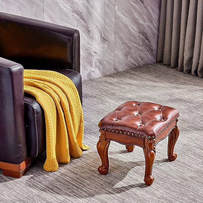 Foot Stool Ottoman Foot Rest Microfiber Leather Upholstered Footstool for Sofa, Living Room, Entryway, Solid Wood Stool (Light Brown)