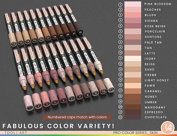 TOOLI-ART 22 Acrylic Paint Markers Paint Pens Pro Color Series Set 3mm Medium Tip for Rock Painting, Glass, Mugs, Wood, Metal, Glass Paint, Canvas, DIY. Non Toxic, Waterbased, Quick Drying (SKIN)