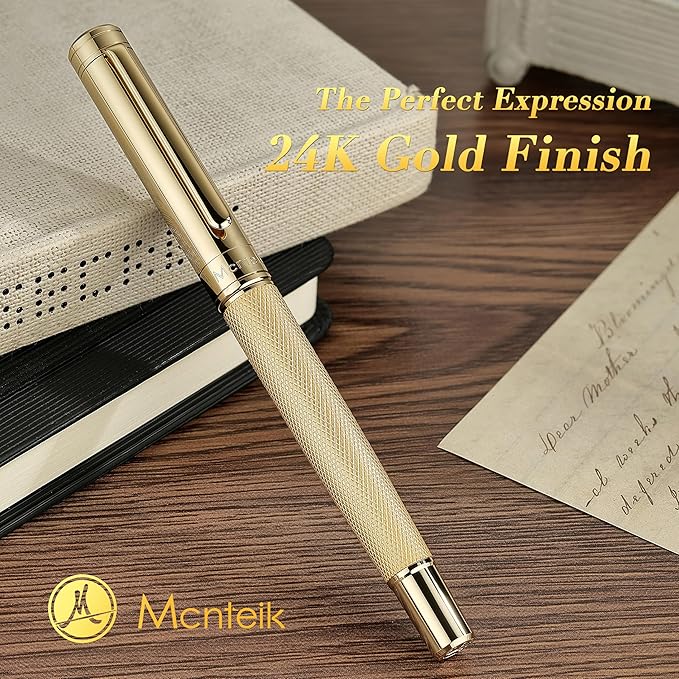 Gold Rollerball Pen, Stunning Luxury Pen with Mesh Texture Design and 24K Gold Finish, Fancy Gift Set for Men & Women, Business Signature, Executive, Office, Nice Fancy Designer Pens