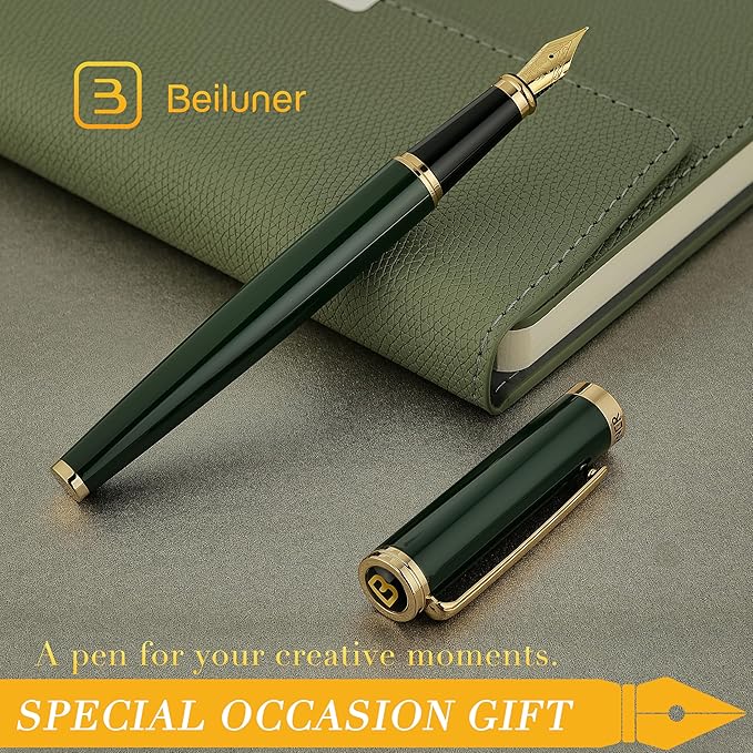 BEILUNER British Racing Green Fountain Pen,Stunning Luxury Pens with 24K Gold Accents, Gorgeous 24K Gilded Nib(Fine), Ink Converter,Fancy Pen Gift for Men&Women-Smooth, Office, Nice for Writing