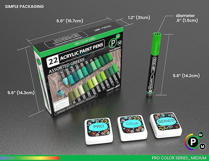 TOOLI-ART 22 Acrylic Paint Markers Paint Pens Pro Color Series Set 3mm Medium Tip for Rock Painting, Glass, Mugs, Wood, Metal, Glass Paint, Canvas, DIY. Non Toxic, Waterbased, Quick Drying (GREENS)