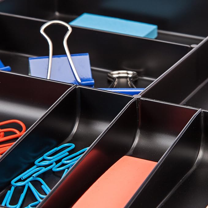 IRIS USA 14" x 10" Stacking Desktop Organizer Tray with Built-In Divider, 8 Pack, Plastic Storage Container for Stationery Art Craft Supplies Office Desk Drawer and Small Business Organization, Black