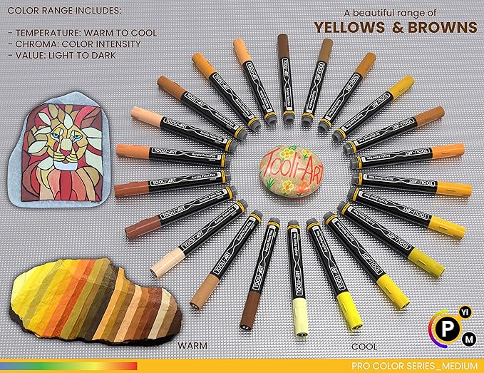 TOOLI-ART 22 Acrylic Paint Markers Paint Pens Pro Color Series Set 3mm Medium Tip for Rock Painting, Glass, Mugs, Wood, Metal, Glass Paint, Canvas, DIY. Non Toxic, Waterbased, Quick Drying (YELLOWS)
