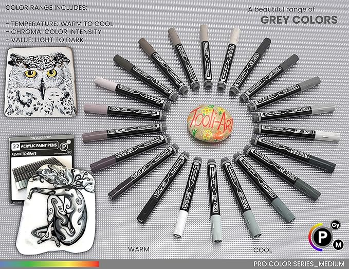 TOOLI-ART 22 Acrylic Paint Markers Paint Pens Pro Color Series Set 3mm Medium Tip for Rock Painting, Glass, Mugs, Wood, Metal, Glass Paint, Canvas, DIY. Non Toxic, Waterbased, Quick Drying (GRAYS)