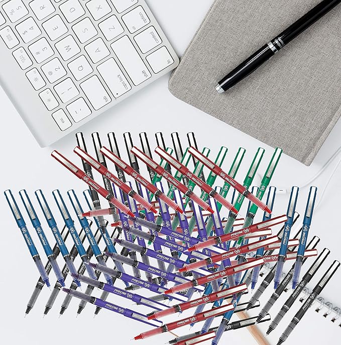 Precise V5 Stick Rolling Ball Pens, Extra Fine Point (.5mm), Assorted Colors Black/Blue Ink, 5-pk; Bundle with Plastic Reusable Pouch