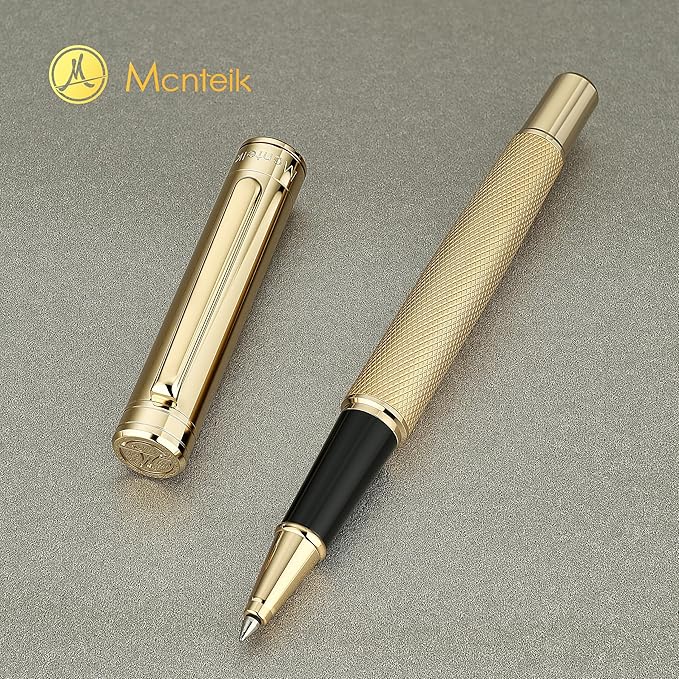 Gold Rollerball Pen, Stunning Luxury Pen with Mesh Texture Design and 24K Gold Finish, Fancy Gift Set for Men & Women, Business Signature, Executive, Office, Nice Fancy Designer Pens