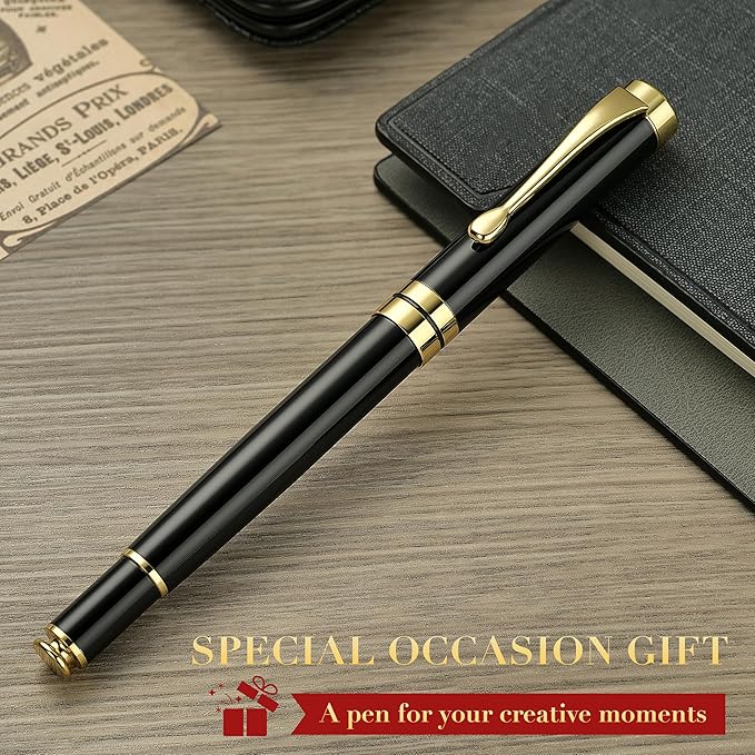 BEILUNER Ballpoint Pens, Stunning Black Chrome Metal Pen with Golden Trim, Best Ball Pen Gift Set for Men & Women, Professional, Executive, Office, Nice Pens-Gift Box with 0.5mm Black Extra Refill