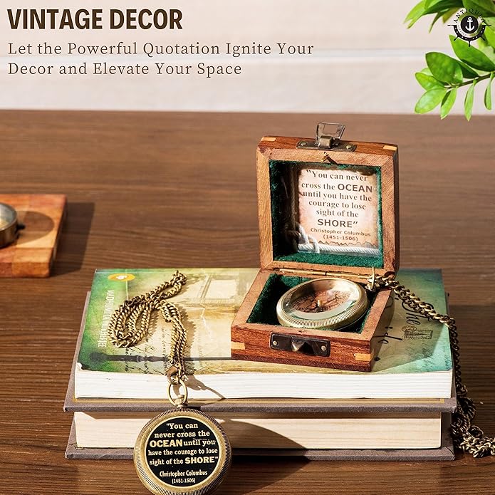 Brass Compass with Wooden Box - Graduation Gifts, Pirate Accessories & Baptism Gift For Boys, Steampunk Travel Decor Compasses For Missionary, Inspirational and Sentimental Compass